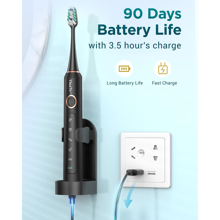 Електрична звукова зубна щітка для дорослих з 8 насадками, дорожнім кейсом, 5 режимами, водонепроникністю IPX7 та 90 днями роботи від акумулятора, чорного кольору, (в упаковці)