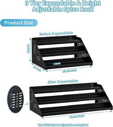 Рівнева підставка для спецій, органайзер для кухонних полиць, органайзер для спецій, розширюваний металевий органайзер для кухонних шаф від 34 см до 55 см, для стільниць, кухні, їдальні - чорний, 3-