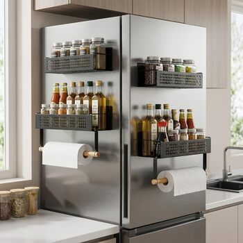 Набір магнітних підставок для спецій, 4 предмети (2 великі 2 маленькі) - Зі штангою для кухонного паперу, надзвичайно сильним магнітом, не потребує свердління - Універсальний органайзер для спецій для холодильника, кухні та стіни