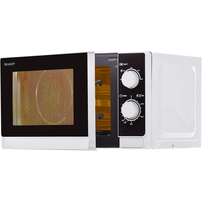 Мікрохвильова піч Sharp R200INW Solo / 20 л / 800 Вт / 5 рівнів потужності / Таймер від 35 хвилин до 00 секунд / Розморожування з контролем ваги / Режим енергозбереження / Скляний поворотний стіл (25,5 см) / Срібло
