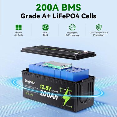 Літій-іонний акумулятор 12V 200Ah LiFePO4 з Bluetooth-моніторингом, самонагріванням, захистом від перегріву та акумуляторами BMS 200A для автофургонів, кемпінгів, сонячних панелей, гольф-карів та домашніх автономних систем 12200-BT-Heat