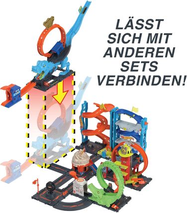 Гоночний трек Hot Wheels T-Rex атака, гра на спритність завдяки точному розрахунку часу та прицілюванню, з петляючою трасою, автом