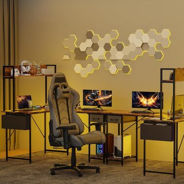 Г-подібний стіл Yansee, ігровий стіл зі світлодіодним підсвічуванням, 140110 см, двосторонній Г-подібний стіл з подовжувачем, кутовий стіл з полицею, коричневий