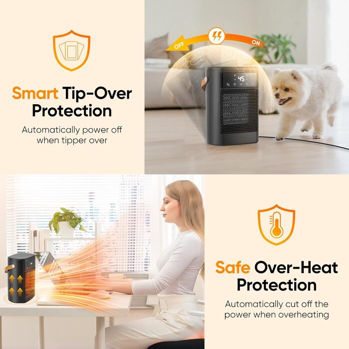 Тепловентилятор з пультом дистанційного керування, 1500 Вт, 3 режими нагріву, 12-годинний таймер, коливання 70, PTC-тепловентилятор, енергозбереження, захист від перегріву та перекидання, портативний та тихий, для дому та офісу