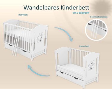 Дитяче ліжечко Baby Delux 60x120 біле ліжечко, що трансформується в дитяче ліжко з висувною шухлядою матрац плюшевий відбійник мот