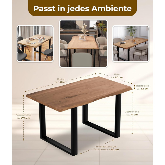 Стіл з натуральним краєм 140x80 см Товщина стільниці 3,6 см Обідній стіл з масиву акації з U-подібною основою, справжнім натуральним краєм, натурального кольору Ручна робота та міцний Доставка до потрібного вам місця включена. Коричневий 140 x 80 см (з U-