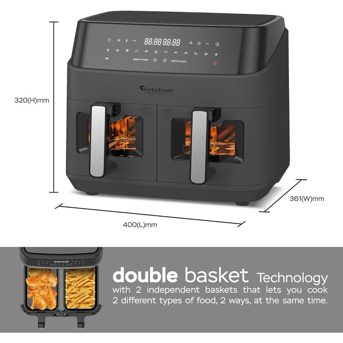 Гаряча аерофритюрниця XXL Подвійна фритюрниця 1600 Вт / 9 л (2 шт. 4.5 л камера) 10 програм Цифрова фритюрниця без жирного масла Подвійна аерофритюрниця Фритюрниця Power Grey