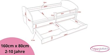 Дитяче ліжко Happy Babies - з матрацом, шухлядою та захистом від падіння, 80x160, дитяче ліжко для дівчаток та підліткове ліжко, дитяче ліжко для хлопчиків, підліткове ліжко для малюків, висувне ліжко на рівні підлоги, рейкова основа