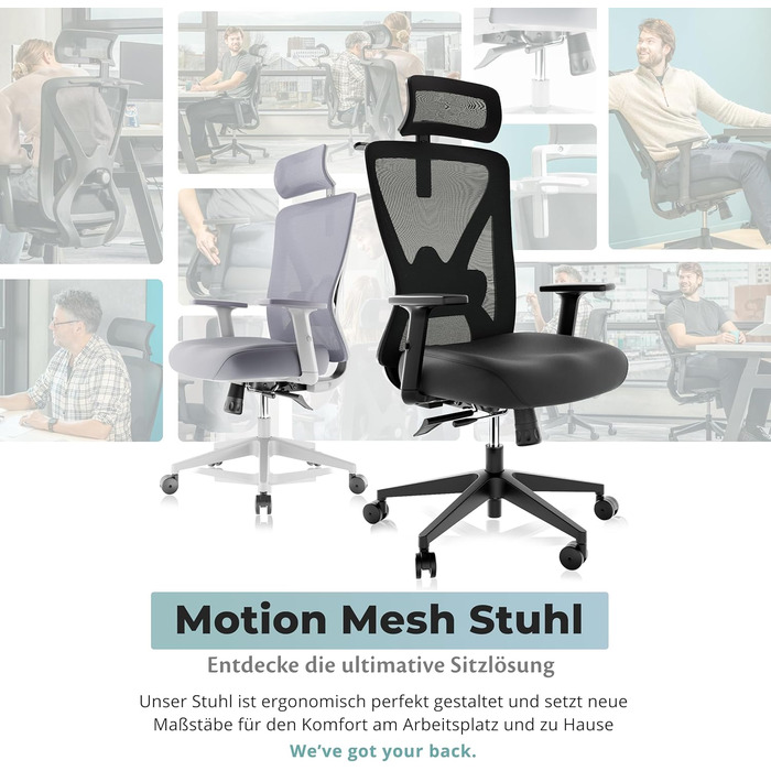 Ергономічне офісне крісло - Офісні крісла 150 кг, сертифіковані TV та NEN 1335 - Офісний стілець - Крісло - Ергономічне офісне крісло - Комп&39ютерне крісло з регульованою висотою та зручне для спини - Чорне