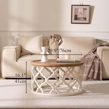 Круглий журнальний столик, дерев&39яний стіл для вітальні з ажурними ніжками, сучасний диванний столик з піднятими краями для вітальні/спальні, круглий журнальний столик Ø76x41см (Ø76x41см)