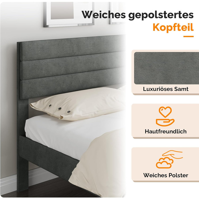 Ліжко Bonnlo з м&39якою оббивкою 140x200 см з регульованим узголів&39ям, ліжко 140x200 з дерев&39яною рейковою основою, оксамит (без матраца) 140x200 см світло-сірий