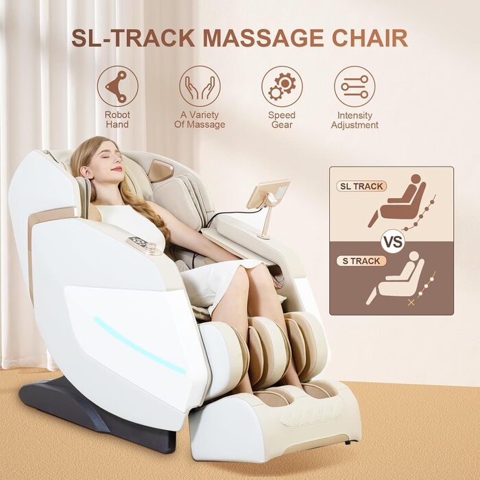 Масажне крісло Relaxora 3D Zero Gravity SL Track Масаж шиацу всього тіла з роликами для ніг Bluetooth Heat Therapy Calf Kneading Massage Airbag Massage Stretch (бежевий)