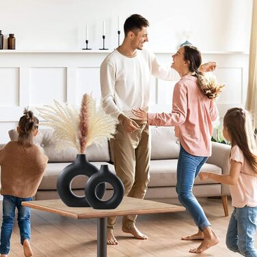 Ваза чорна матова, керамічна ваза для пончиків сучасна декоративна ваза, ваза кругла з отвором, вази ручної роботи для вітальні, с