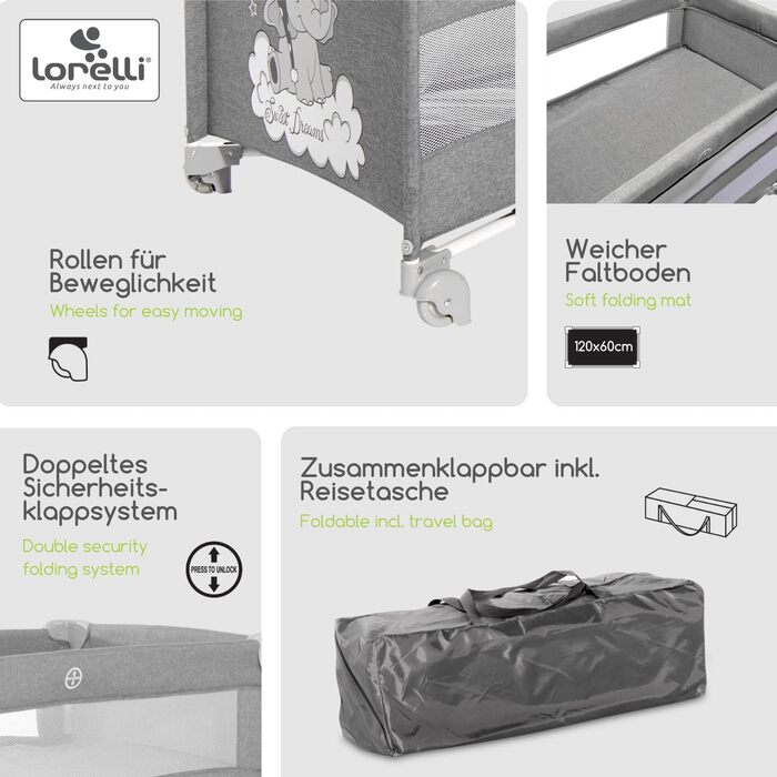 Дитяче ліжечко Lorelli 3-в-1, приліжкове ліжечко та манеж, що розкладається вгору та вниз, 2-рівневе дитяче ліжко з боковим входом та складною бічною панеллю, дитяче дорожнє ліжечко, бежево-коричневий колір