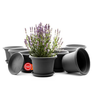 Набір з 8 круглих квіткових горщиків з блюдцями BigDean, ø 25 см, антрацит всепогодні кашпо, зроблені в Європі, антрацит, ø 25 см