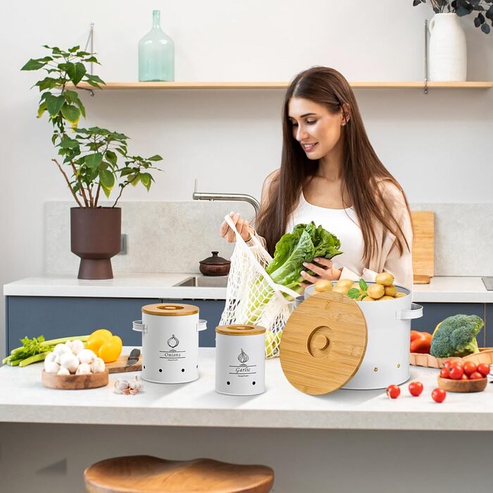 Набір із 3 контейнерів для зберігання картоплі, цибулі та часнику, металеві з вентиляційними отворами, штабелювана конструкція з бамбуковими кришками, кухонний органайзер для овочів (чорний)