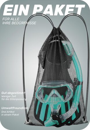 Набір для підводного плавання CAPAS з ластами, спорядження для підводного плавання дорожнього розміру для дорослих з короткими регульованими ластами, високоміцною маскою для дайвінгу та трубкою Dry Top, з сумкою для перенесення L/XL (42/47) зелено-чорний