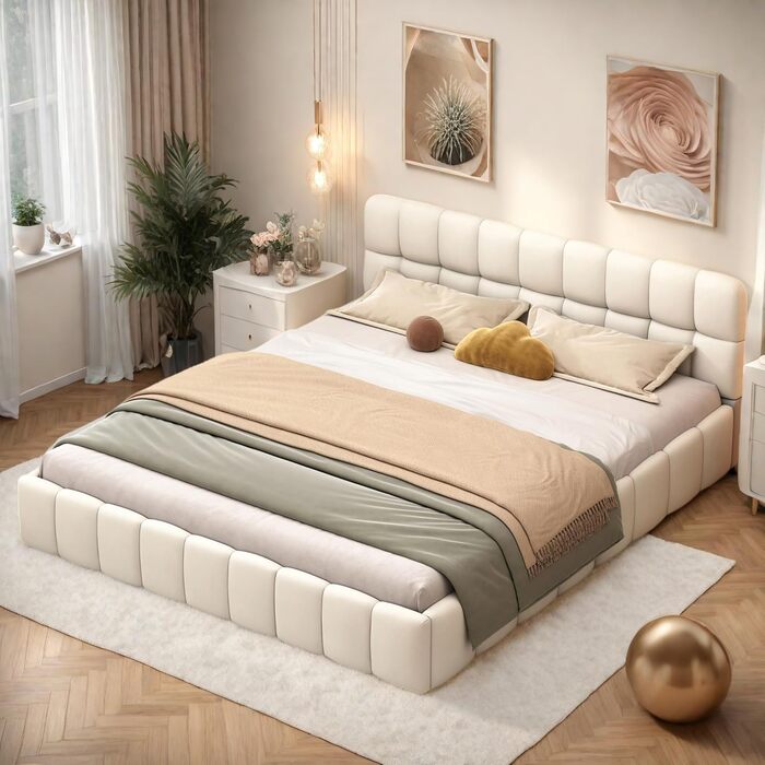 Ліжко DULLLLY Bubble 140x200, Ліжко 140x200 з рейковою основою, Дитяче ліжко з м&39яким узголів&39ям, М&39який каркас ліжка для спальні та гостьової кімнати, без матраца, Льняна тканина (бежевий) 140x200 білий