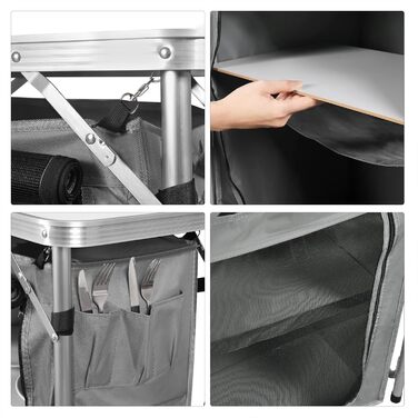 Складана кемпінгова шафа/кемпінгова кухня WOLTU, включаючи сумку для перенесення з алюмінієвою рамою, портативні/складні меблі для кемпінгу на відкритому повітрі з алюмінію та МДФ для пікніків, пляжу, використання на свіжому повітрі, білий сірий