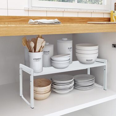 Розширювана полиця для шафи, 66 см, штабелюваний органайзер для кухонної стільниці, кухонна полиця для спецій, полиця для комори, регульований органайзер для шафи, полиця для зберігання речей для кухні та офісу (2 шт., білий M) Білий 2 шт., білий M