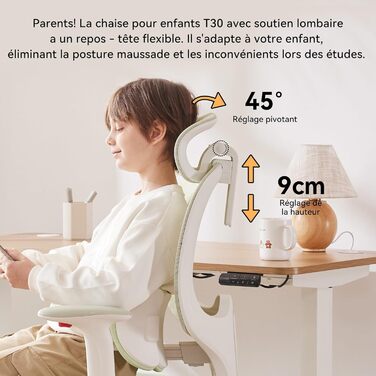 Дитяче письмове крісло MUSSO T30, ергономічне поворотне крісло з 3D-підтримкою поперекового відділу хребта/глибиною сидіння, 2D-підлокітниками/підголівником/поворотом 45, регулюванням висоти, сітчастим чохлом, підходить для школи, дитячої кімнати та викор