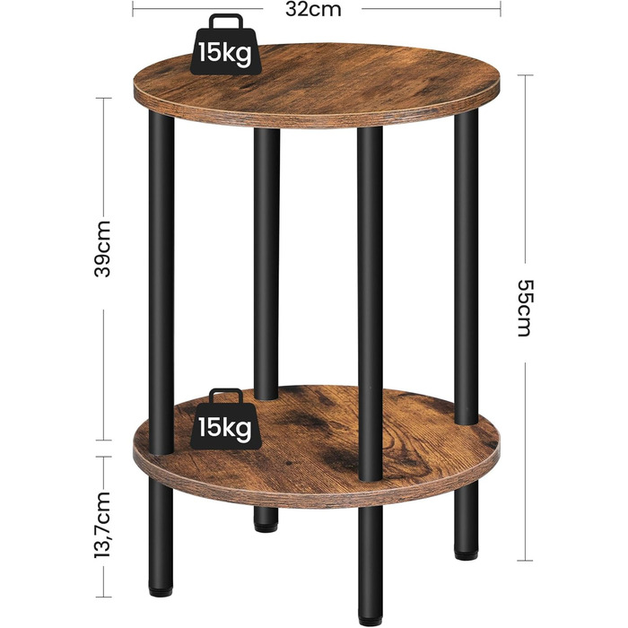 Круглий приставний столик, журнальний столик з 2 полицями, невелика тумбочка біля ліжка, журнальний столик в індустріальному стилі, для вітальні, спальні, вінтажний коричневий та чорний DTBZ01BF Вінтажний коричневий чорний 1