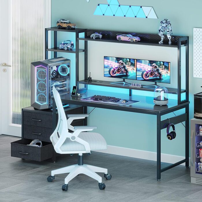 Ігровий стіл Coleshome з полицями та шухлядами, 13748 см Ігровий стіл зі світлодіодним освітленням та розеткою, комп&39ютерний стіл з полицями та підставкою для монітора, чорний колір з вуглецевого волокна Карбонове волокно Чорний 13748 см