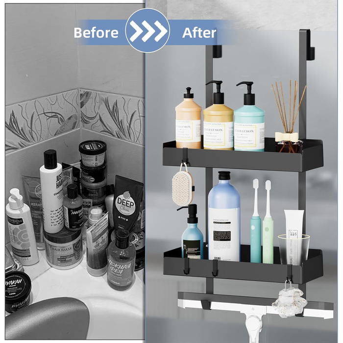 Підвісна полиця для душу, органайзер для скляних душових дверей, тримач для шампуню, кошик для душу без свердління, чорний, з 8 гачками, нержавіюча сталь 65.5x30x11.2 см