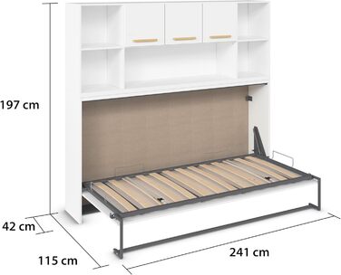 Меблі Rauch Albero, ліжко, настінне ліжко, поперечно розкладне ліжко, компактне настінне ліжко з каркасом ліжка, полицею та рейковою основою, спальна зона 90x200 см, колір білий, ручки з масиву дуба, 214x197x44 см