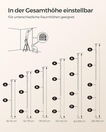 Полиця для душу, кутова полиця для ванної, з 4 полицями, полиця для ванної, загальна висота 85-305 см, регульована по висоті, поли