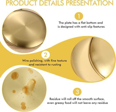 Набір з 4 золотих підносів, діаметр 23 см Сервірувальні підноси з нержавіючої сталі 201, декоративні тарілки золотого кольору, круглі підноси для кухні, ресторану, кафе, кемпінгу та вечірок