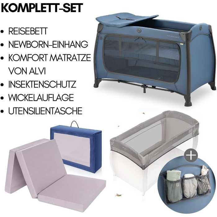 Дитяче ліжечко Hauck для подорожей Play N Relax Center з комфортним матрацом та захистом від комах - Дитяче ліжечко для подорожей з вкладишем для новонароджених, пеленальний килимок та сумка (регульована висота та складається) - темно-синій колір з передн