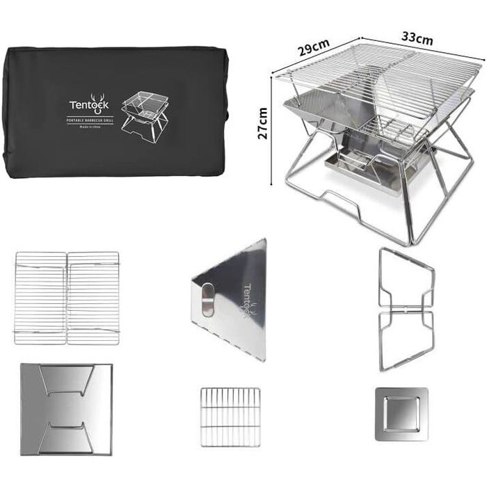 Портативний гриль на деревному вугіллі Tentock, гриль для пікніка, кемпінговий складаний гриль, нержавіюча сталь, відкритий плоский гриль для барбекю, вітрозахисний кемпінговий гриль з сумкою для перенесення для саду, походів, пікніка, риболовлі, срібляст