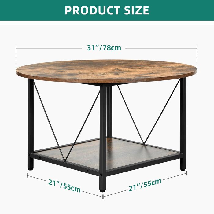Круглий журнальний столик YITAHOME, 80x80x46 см, сільський дерев&39яний стіл для вітальні з полицею, сучасний журнальний столик у фермерському стилі з міцними металевими ніжками, коричневі меблі для дому
