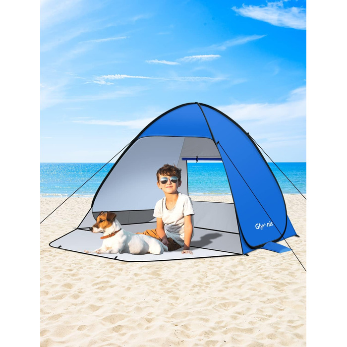 Пляжний навіс Glymnis з дверима на блискавці, захист від ультрафіолету 50, вітрозахисний, невеликий розмір у упаковці, синій, для 1-2 осіб