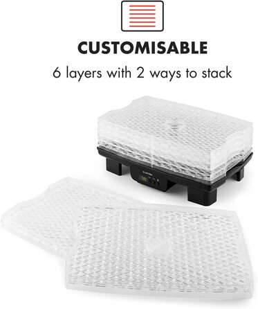 Дегідратор, дегідратор, сушарка для фруктів, м'яса та фруктів, 6 рівнів, штабельована, 550 Вт, регульована температура, робота з конвекцією, РК-дисплей, без бісфенолу А, чорний