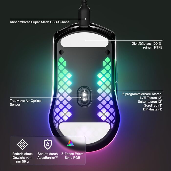 Ігрова миша з отворами на поверхні - Легка, водовідштовхувальна конструкція з пір'я - Оптичний сенсор TrueMove Core з 8 500 DPI -