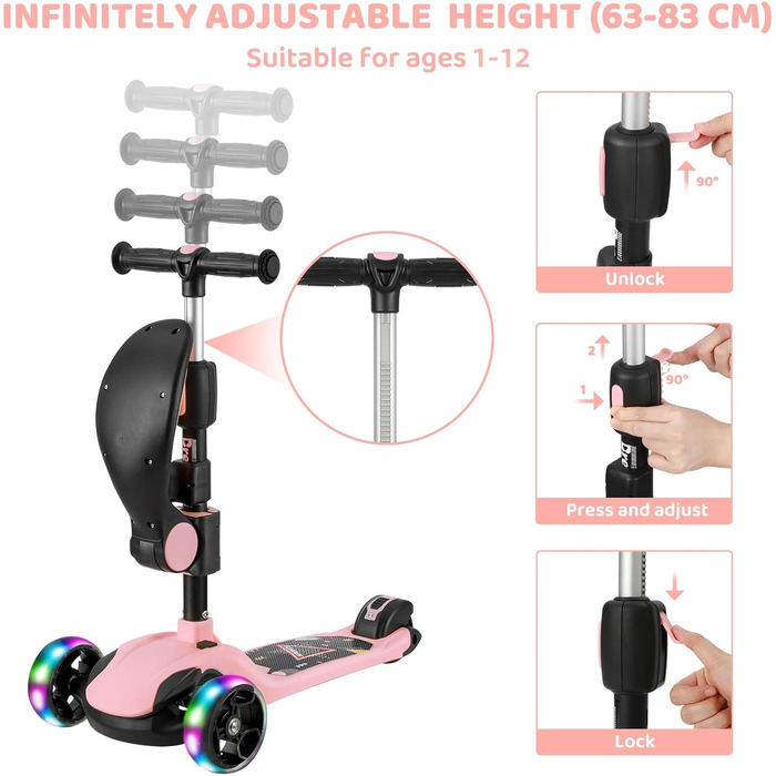 Самокат BremToy дитячий зі знімним сидінням, дитячий самокат з плавним регулюванням, дитячий самокат з поліуретановими світлодіодн