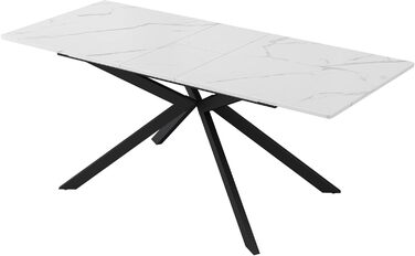 Розсувний обідній стіл, автоматично розсувний, прямокутний, журнальний/відпочинковий столик, Д150/180 x Ш70 x В76 см, дизайн зі схрещеними ніжками, мармурова структура, чорно-білий