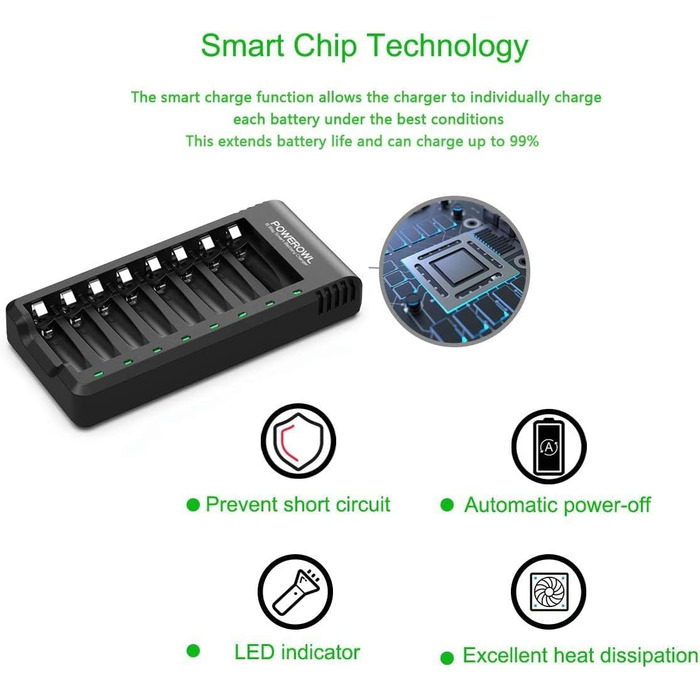 Зарядний пристрій POWEROWL з батарейками AAA 1000 мАг (16 шт. ), універсальний зарядний пристрій для батарейок AA з 8 слотами для акумуляторних Ni-MH батарейок AA AAA