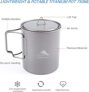 Титановий посуд для кемпінгу TOAKS (375 мл, 450 мл, 550 мл, 650 мл, 700 мл, 750 мл, 900 мл), титановий посуд для пікніка, походів та відпочинку на природі 750 мл POT-750