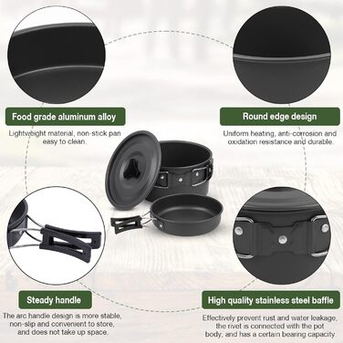 Набір посуду для кемпінгу та пікніка, 14 предметів каструлі, сковорода, чайник та столові прибори