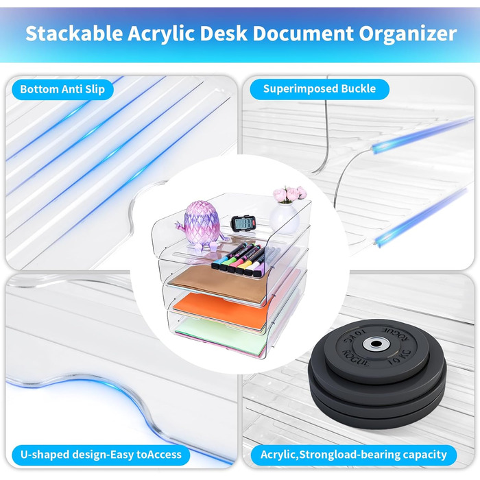 Лоток для паперу, лоток для листів, штабелюваний настільний органайзер, прозорі папки для файлів на стіл, офісний органайзер для файлів, iPad, листів, офісних документів A4, книг, нотаток, вертикальний лоток на 4 папки Claer-4shu