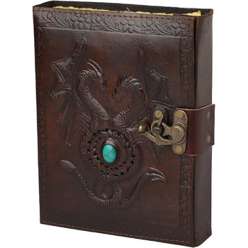 ПЕРЕДОЗУВАННЯ Deckle Double Dragon with Stone Leather Journal - Дорожній журнал для чоловіків і жінок Ескізи Щоденник Книга тіней Вінтажний папір ручної роботи Deckle Edge Paper - 6x8 дюймів 15 х 20 см A5 A5 Унікальний, вінтажний