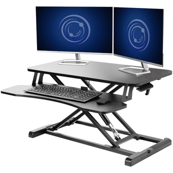 Конвертер для столу VIVO 32 дюйми стоячи з регульованою висотою стільниці, робоча станція сидячи-стоячи для двох моніторів та ноутбука, з широким лотком для клавіатури, чорний, DESK-V000K 81 см чорний
