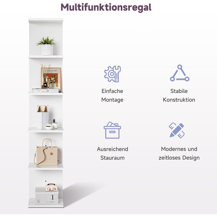 Книжкові полиці SONNI, настінна полиця, 6 полиць, які можна використовувати як настінну або окремостоячу полицю, полиця для книг, журналів, декору, окремостояча полиця в індустріальному стилі для вітальні, кухні, домашнього офісу, біла, 30x24,8x160 см. Бі