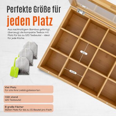 Бамбукова чайна коробка AH з 12 відділеннями коробка для зберігання чайних пакетиків з оглядовим віконцем та магнітною застібкою, ВШ 9 x 29 x 24 см, натуральний колір