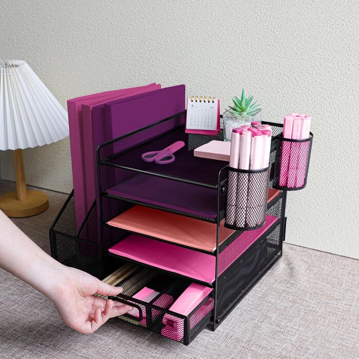 Металевий настільний органайзер, 5-ярусний лоток для паперу та листів з тримачами для файлів, сітчастий настільний органайзер для файлів з тримачем для журналів для зберігання офісних документів (чорний)