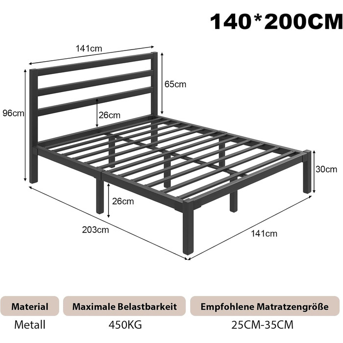 Ліжко 140200 см, металевий каркас ліжка з платформою, узголів&39ям та узніжжям, місце для зберігання речей під ліжком, рейкова основа не потрібна, легке складання, сучасне, чорне 140 x 200 см чорний