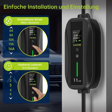 Зарядний пристрій для електромобілів SYNCWIRE 11кВт тип 2-5,5м 3-фазний 6-16А з регульованою потужністю зарядки зарядний кабель дл